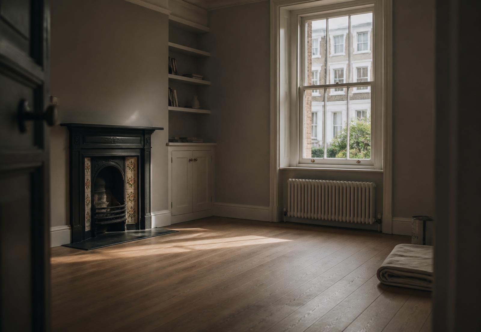 Interior of a British home with newly painted walls and fitted wood flooring